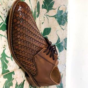 Tan Leather Woven Derby Shoes
